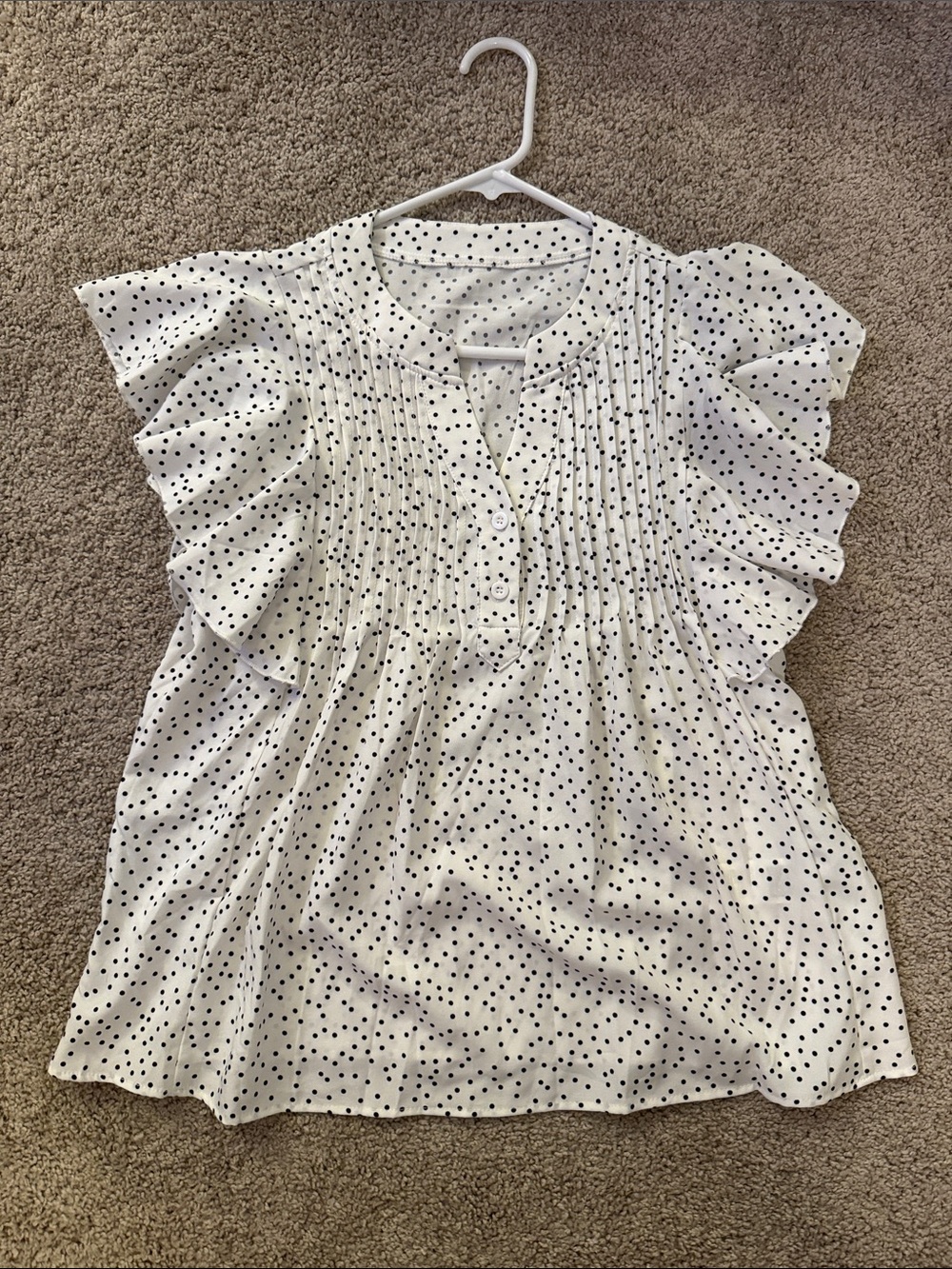 SHEIN White Blouse with Black Polka Dots and Pintuck Front
